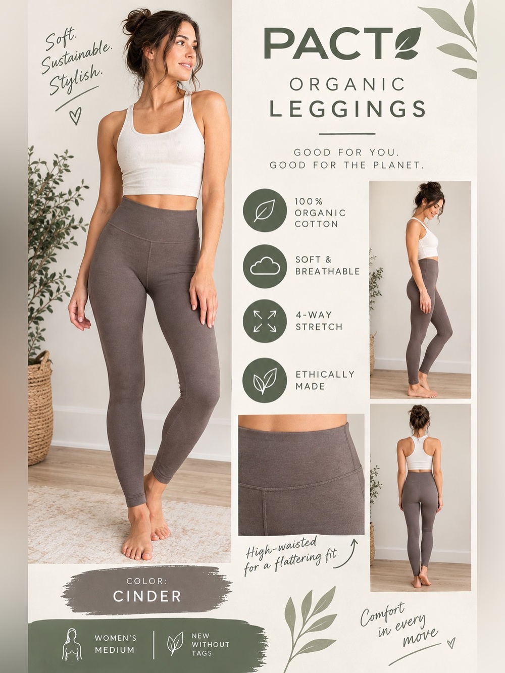Pact Organic High-Rise Leggings in Taupe (Cinder) NWOT Medium